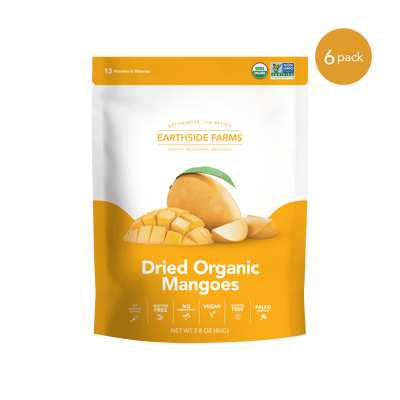 Dried Organic Mangoes yellow pouch, front of bag, 6-pack