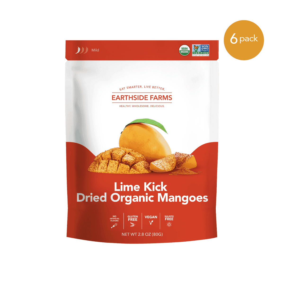 Lime Kick Dried Organic Mangoes red pouch, front of bag, 6-pack