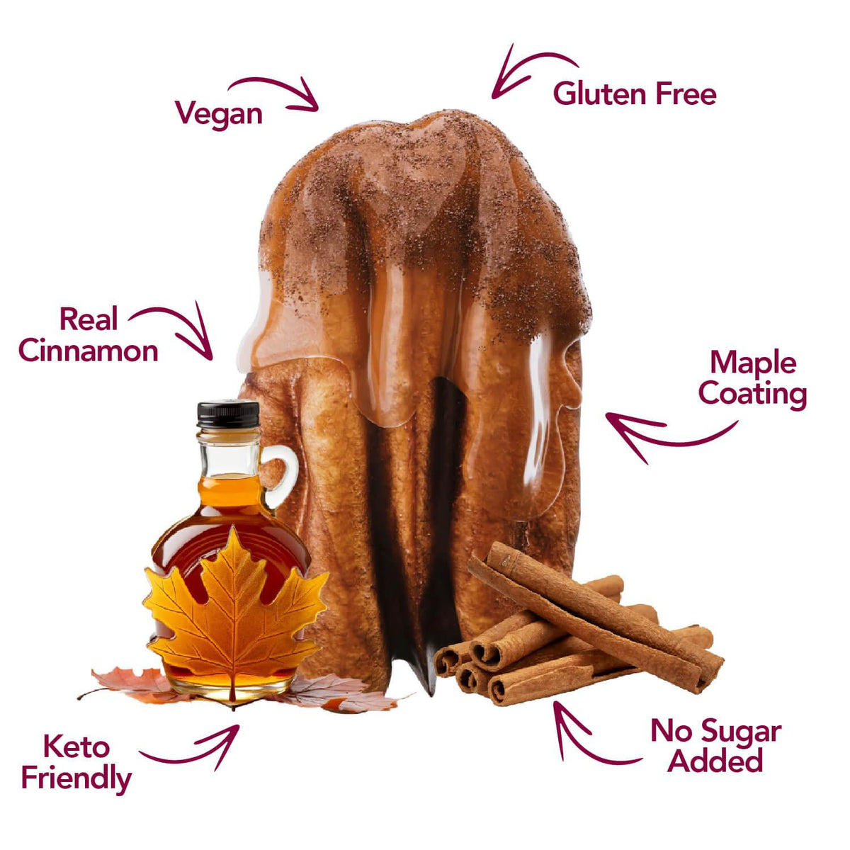 Maple cinnamon pecan with maple syrup and cinnamon sticks, vegan and keto callouts