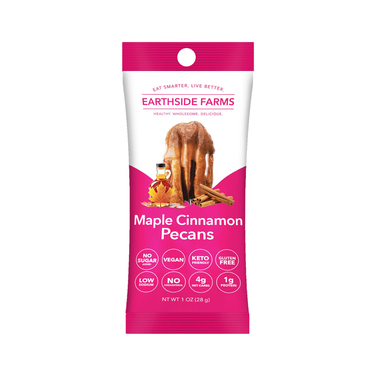 Maple Cinnamon Pecans 1 oz snack pack, front