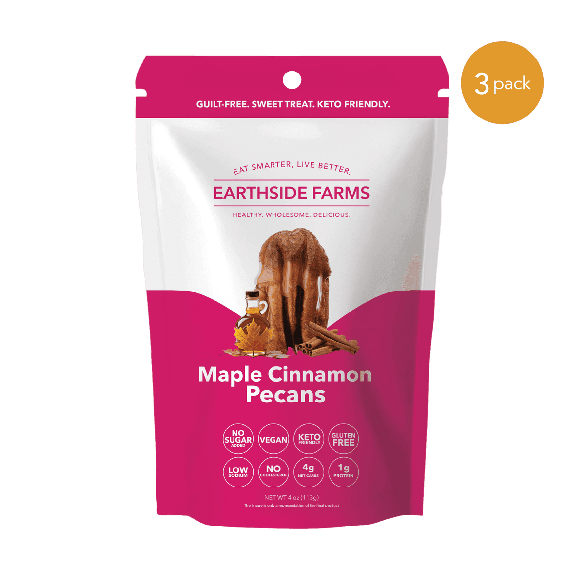 Maple Cinnamon Pecans pink pouch, front of bag, 3-pack