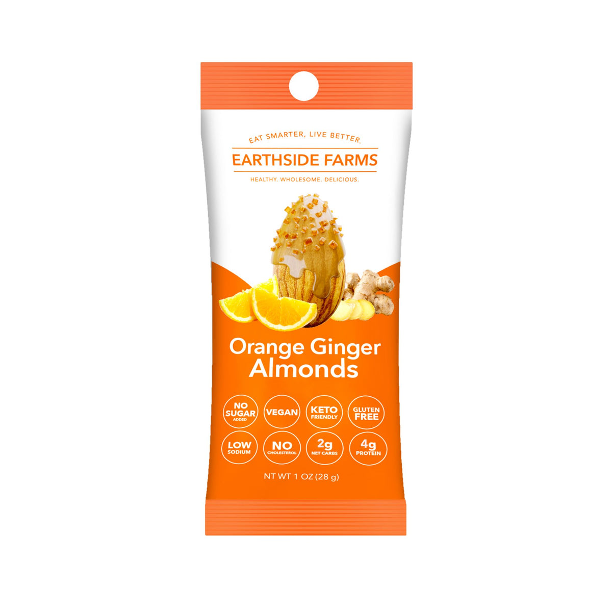 Orange Ginger Almonds 1 oz snack pack, front