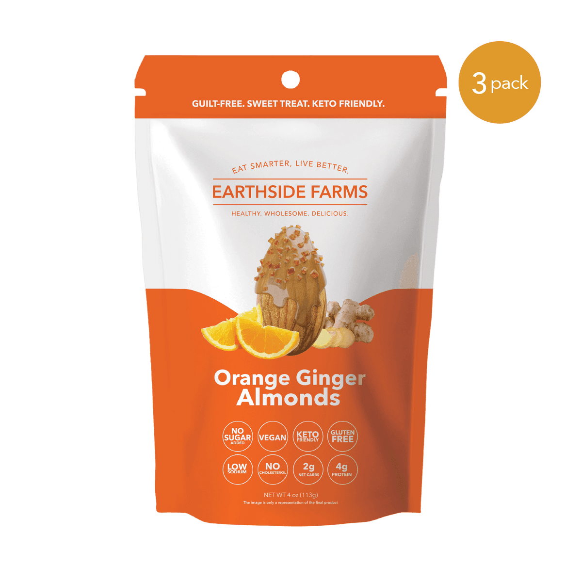 Orange Ginger Almonds pouch, front of bag, 3-pack
