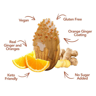 Orange ginger coated almond with orange slices and ginger root, keto callouts