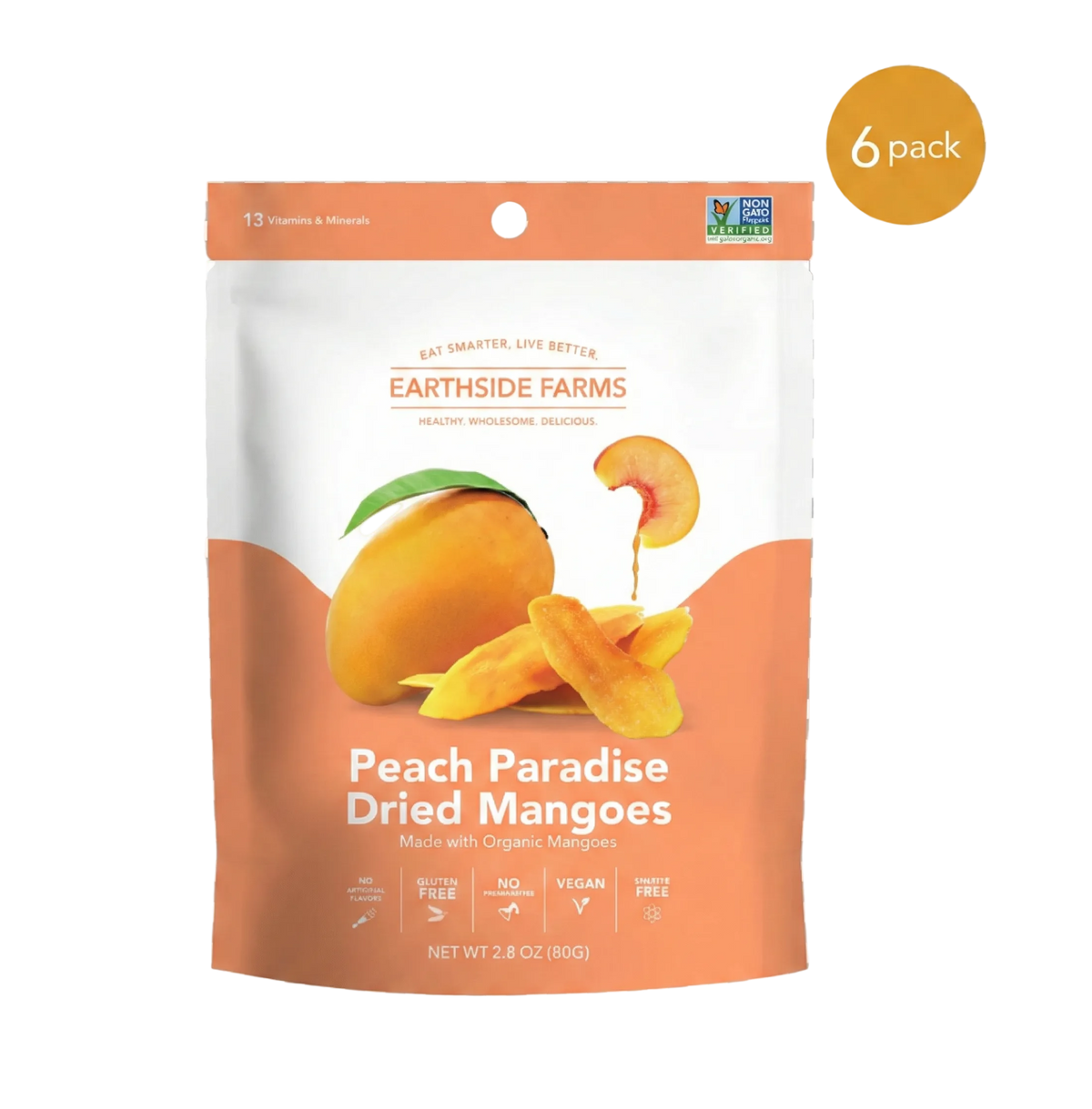 Peach Paradise Dried Mangoes peach pouch, front of bag, 6-pack