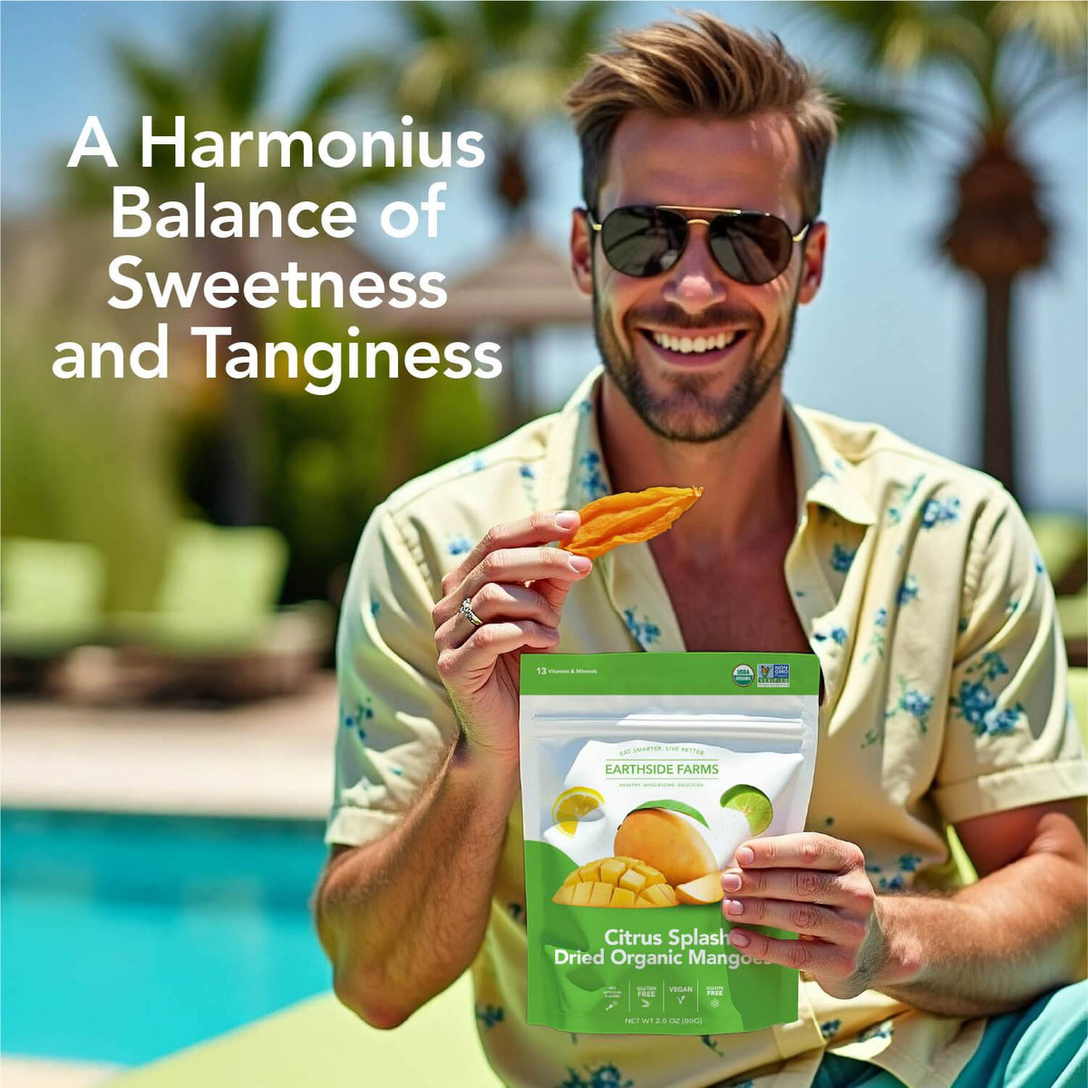 Smiling man by a pool eating Citrus Splash dried mangoes