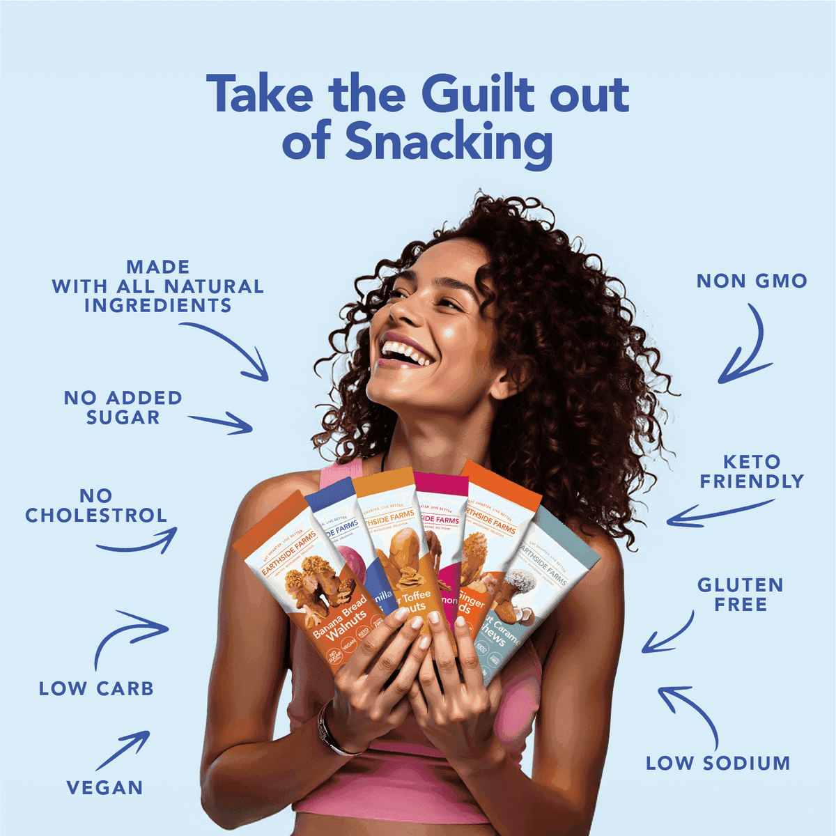 Woman holding fanned Earthside Farms snack packs, keto and vegan callouts