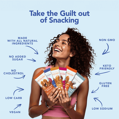 Woman holding fanned Earthside Farms snack packs, keto and vegan callouts