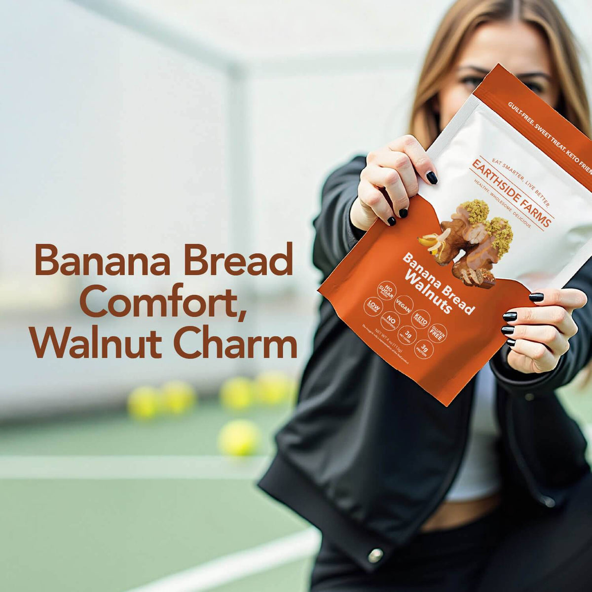 Woman on a tennis court holding a Banana Bread Walnuts pouch