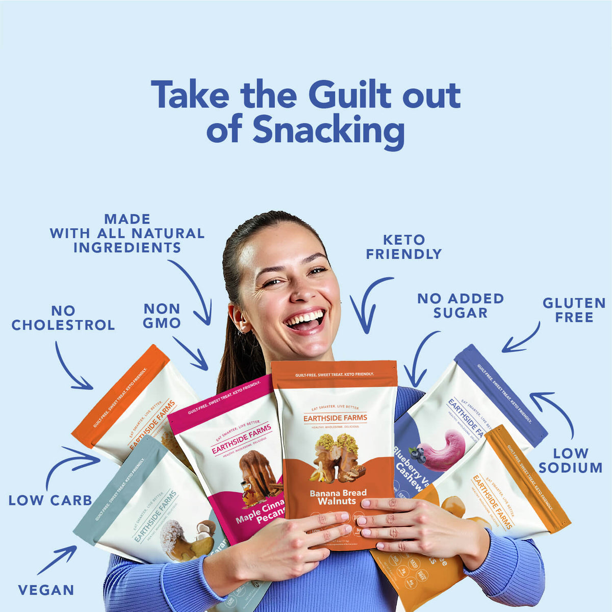 Woman holding Earthside Farms snack packs, low carb and keto callouts